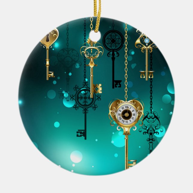 Antique Skeleton Nycklar on Grönt Background Julgransprydnad Keramik (Framsidan)