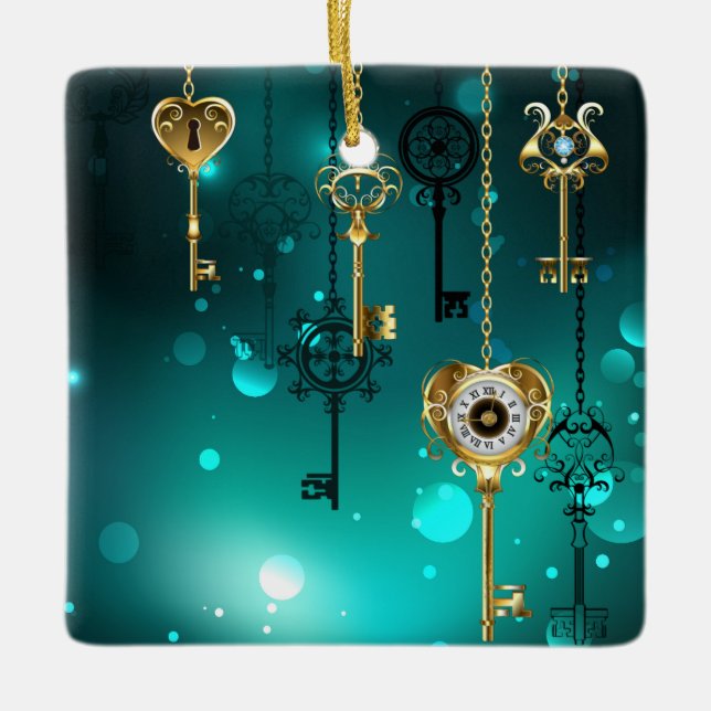 Antique Skeleton Nycklar on Grönt Background Julgransprydnad Keramik (Framsida)