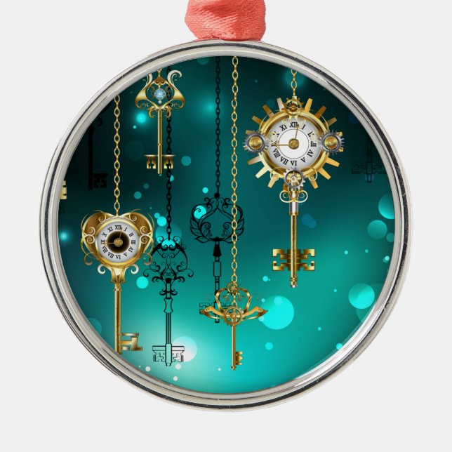 Antique Skeleton Nycklar on Grönt Background Julgransprydnad Metall (Framsidan)