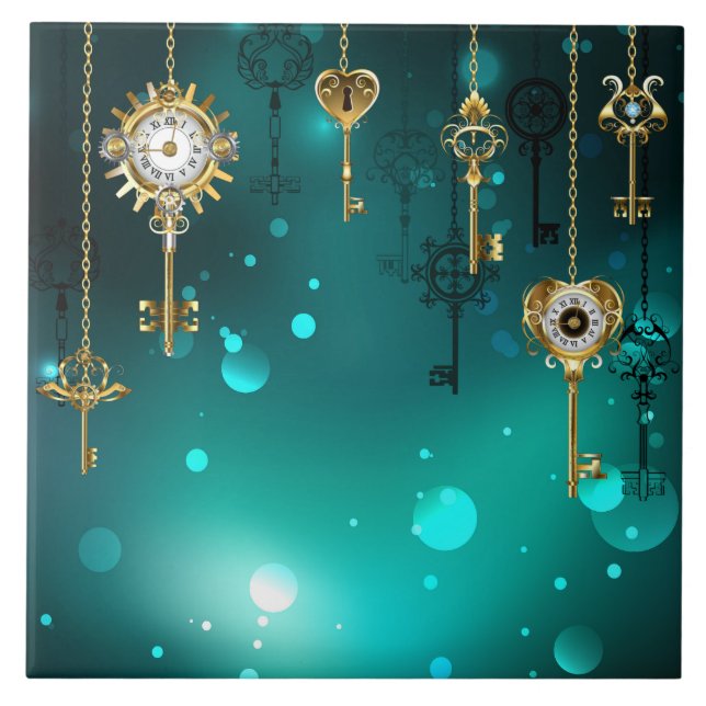 Antique Skeleton Nycklar on Grönt Background Kakelplatta (Framsidan)