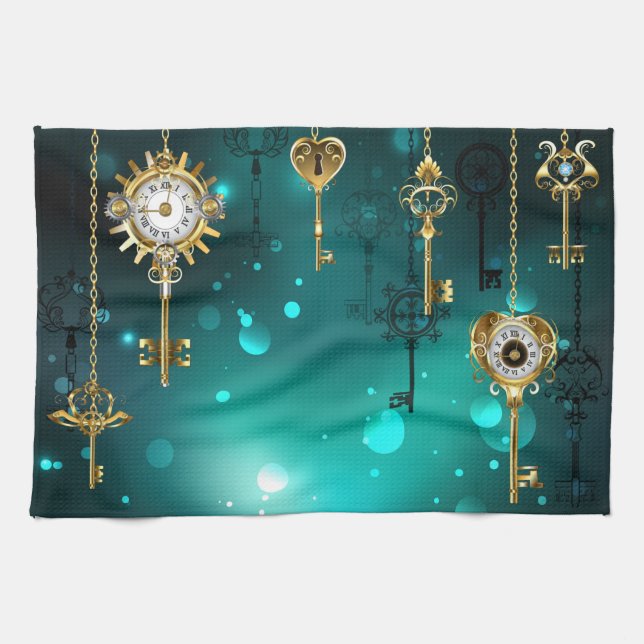 Antique Skeleton Nycklar on Grönt Background Kökshandduk (Horisontell)