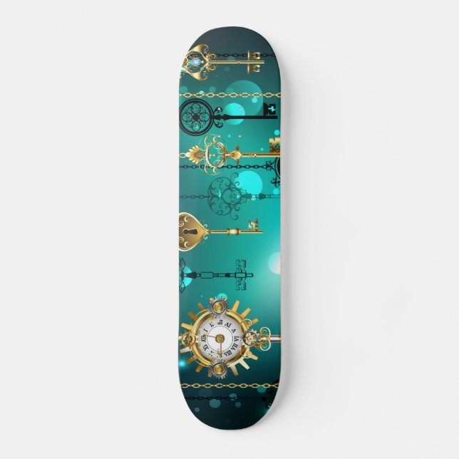 Antique Skeleton Nycklar on Grönt Background Mini Skateboard Bräda 18,5 Cm (Framsida)