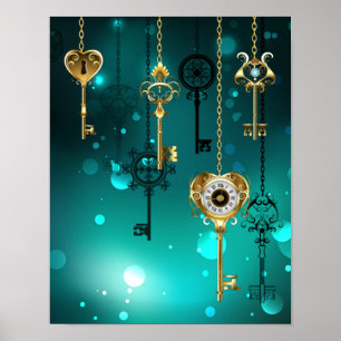Antique Skeleton Nycklar on Grönt Background Poster