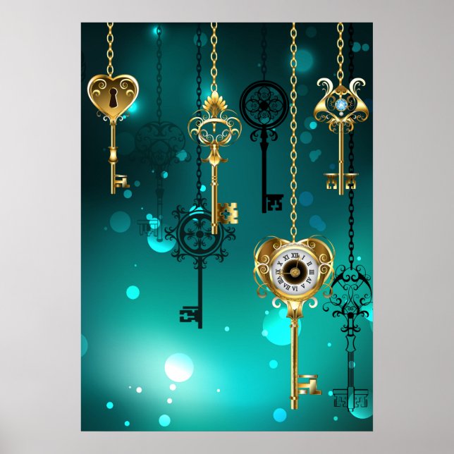 Antique Skeleton Nycklar on Grönt Background Poster (Framsidan)