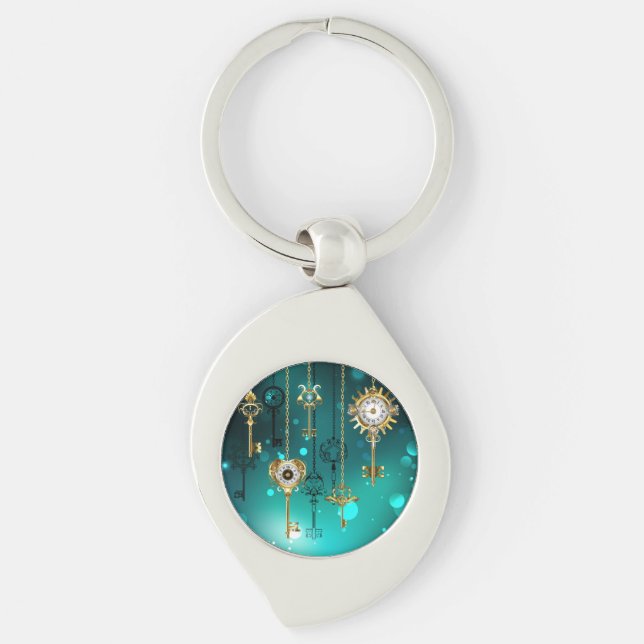 Antique Skeleton Nycklar on Grönt Background Swirl Silverfärgad Nyckelring (Framsidan)