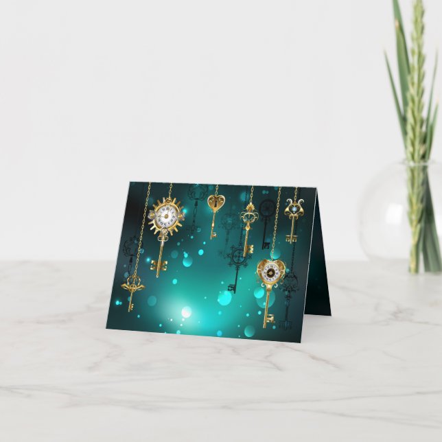 Antique Skeleton Nycklar on Grönt Background Tack Kort (Framsida)