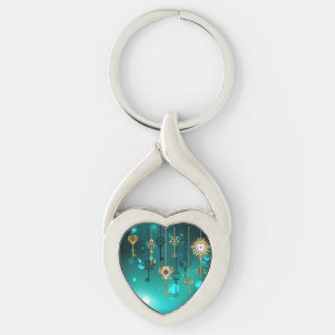 Antique Skeleton Nycklar on Grönt Background Twisted Heart Silverfärgad Nyckelring