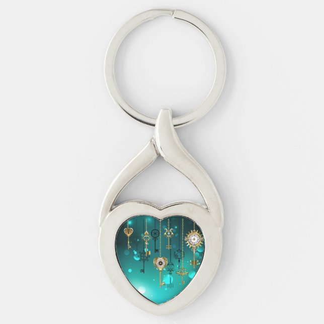 Antique Skeleton Nycklar on Grönt Background Twisted Heart Silverfärgad Nyckelring (Framsidan)