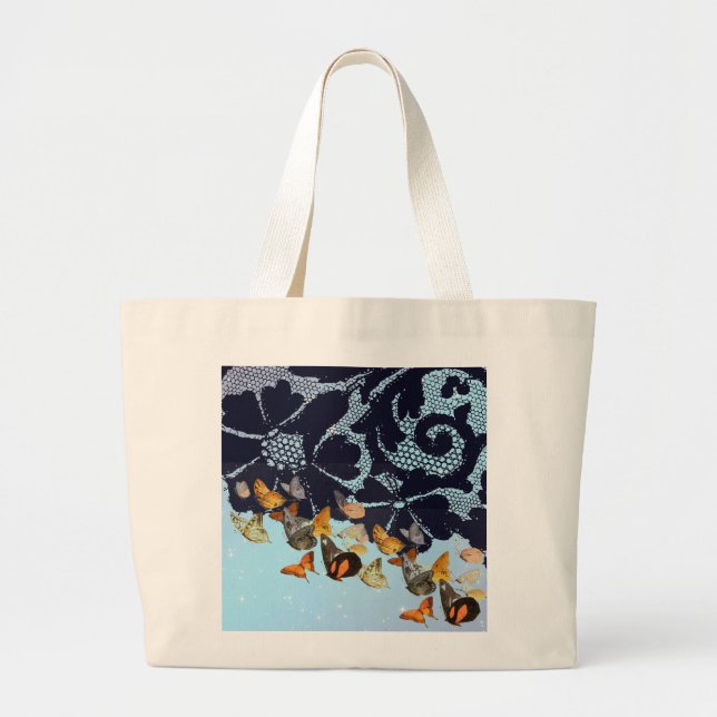 ANTIQUE SNÖRE BUTTERFLIES IN TWILIGHT TOTE BAG JUMBO TYGKASSE (Framsidan)