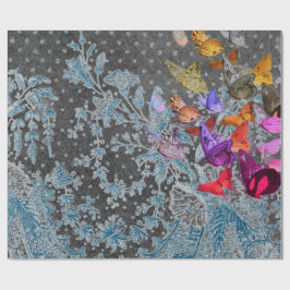 ANTIQUE SNÖRE GIFT WRAP MED BUTTERFLIES IN BLUE PRESENTPAPPER