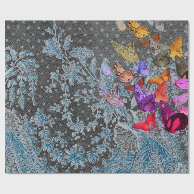 ANTIQUE SNÖRE GIFT WRAP MED BUTTERFLIES IN BLUE PRESENTPAPPER (Platt)