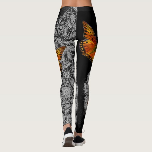 ANTIQUE SNÖRE MÖNSTER BLACK LEGGINGS BUTTERFLIES (Baksida)