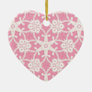 Antique snöre - vit och ro rosa julgransprydnad keramik