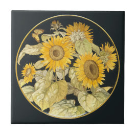 Antique Solros Ceramic Art Round Guld Gräns Kakelplatta