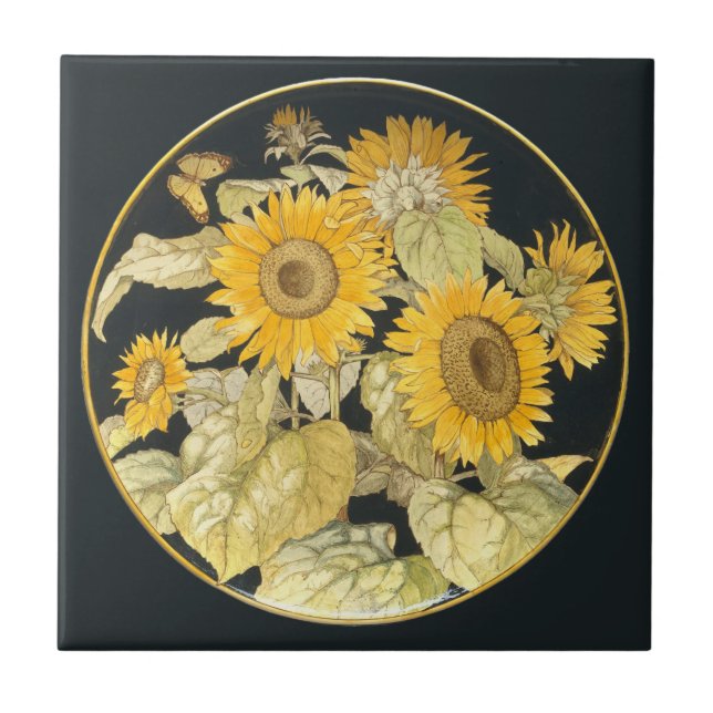 Antique Solros Ceramic Art Round Guld Gräns Kakelplatta (Framsidan)
