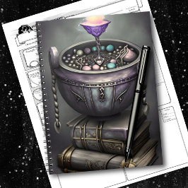 Antique Steampunk Cauldron på Stack of Spell Bokar Anteckningsbok
