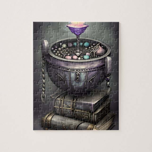 Antique Steampunk Cauldron på Stack of Spell Bokar Pussel (Vertikal)