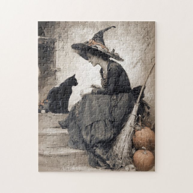 Antique Stil Witch och Cat Art Pussel (Vertikal)