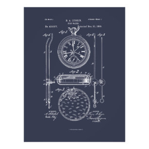 Antique Stopwatch, 1889 Patent Teckning Fototryck
