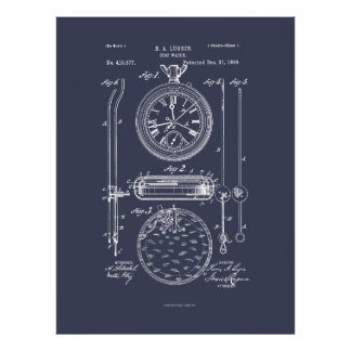 Antique Stopwatch, 1889 Patent Teckning Fototryck