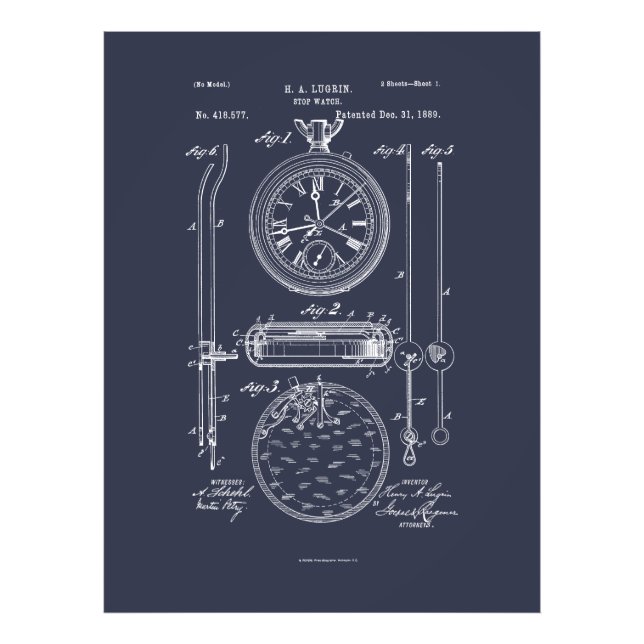 Antique Stopwatch, 1889 Patent Teckning Fototryck (Framsidan)