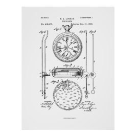 Antique Stopwatch, 1889 Patent Teckning Fototryck
