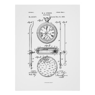Antique Stopwatch, 1889 Patent Teckning Fototryck