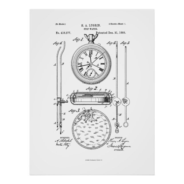 Antique Stopwatch, 1889 Patent Teckning Fototryck (Framsidan)