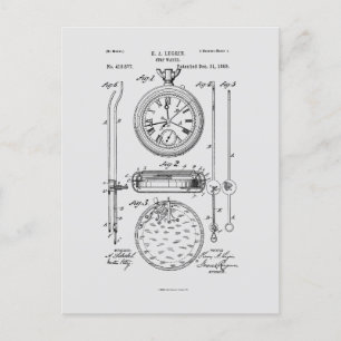 Antique Stopwatch, 1889 Patent Teckning Vykort