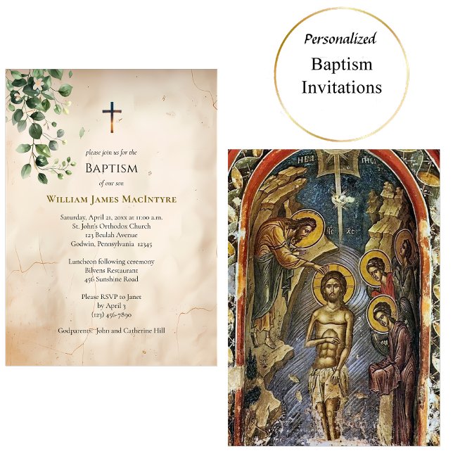 Antique Style Parchment Greenery Baptism Inbjudningar (Skapare uppladdad)
