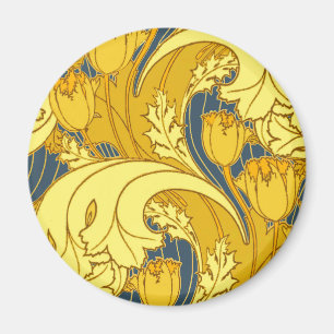 Antique Tapet Tulip Blue Guld Artwork Mönster Magnet