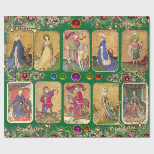 Antique Tarots,tyska domstolskort,Grönt Blommigt Presentpapper