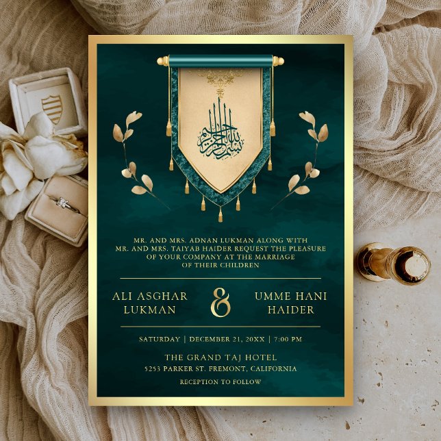 Antique Teal Guld Rulla Muslim Bröllop Inbjudningar (Skapare uppladdad)