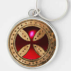 ANTIQUE TEMPLAR KOR Red Ruby Gem Rund Silverfärgad Nyckelring