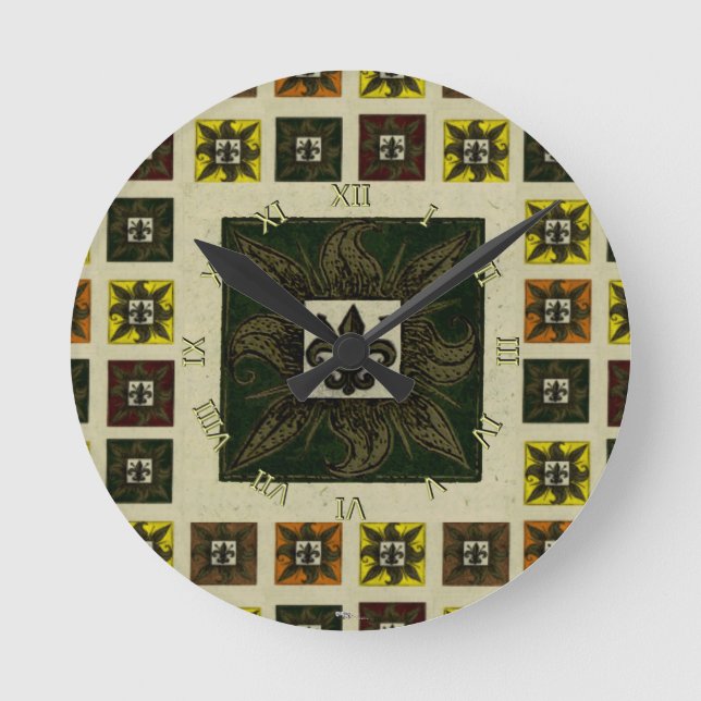 Antique Tiled Fleur de Lis (Grönt) Rund Klocka (Framsida)