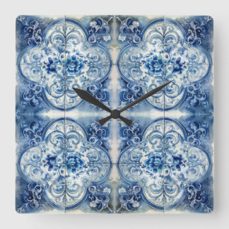 Antique Tiles in Delft Blue Fyrkantig Klocka