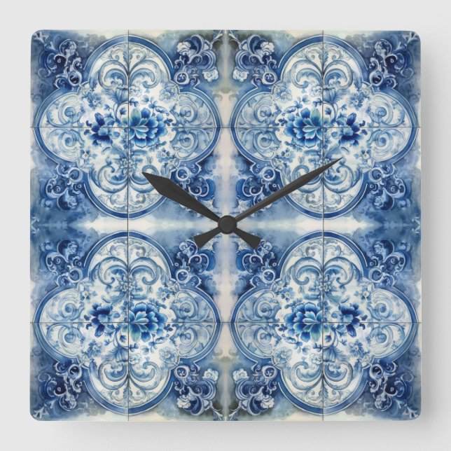 Antique Tiles in Delft Blue Fyrkantig Klocka (Framsida)