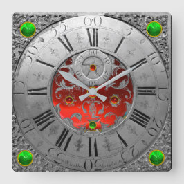 Antique Time,Shamrocks,Ruby Gemstones Silver Fyrkantig Klocka