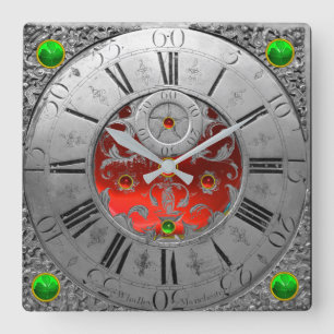 Antique Time,Shamrocks,Ruby Gemstones Silver Fyrkantig Klocka