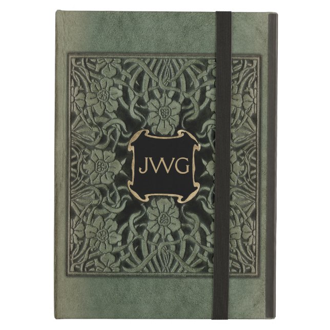 Antique Tooled Leather Monogram Bok Cover iPad Air Skal (Framsidan Closed)