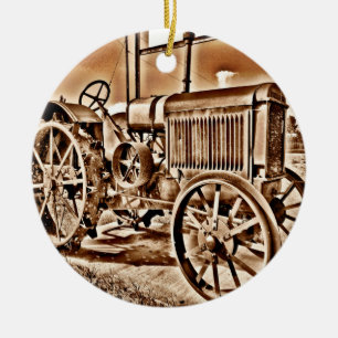 Antique Tractor Farm Equipment Classic Sepia Julgransprydnad Keramik