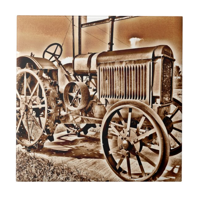 Antique Tractor Farm Equipment Classic Sepia Kakelplatta (Framsidan)
