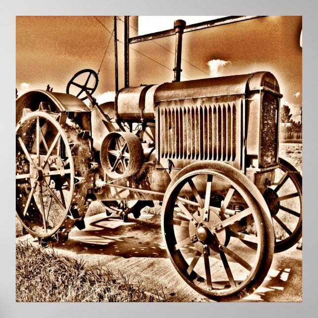 Antique Tractor Farm Equipment Classic Sepia Poster (Framsidan)