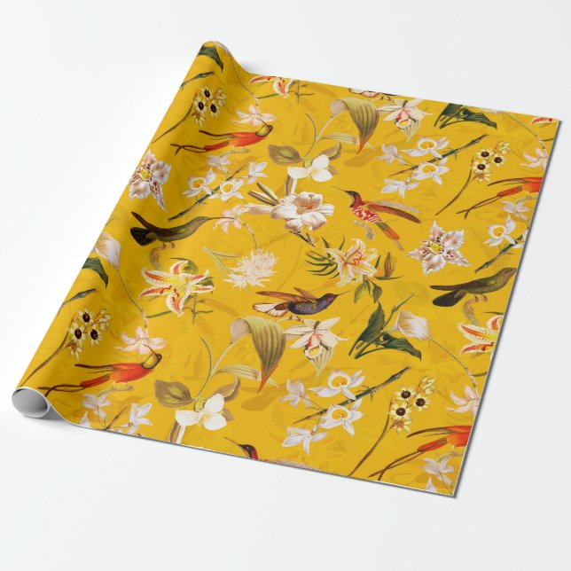 Antique Tropical Hummingbird Jungle Mönster Gult Presentpapper (Utrullad)