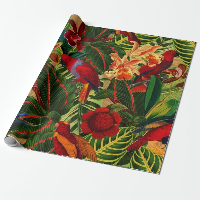 Antique Tropical Parrots Jungle Mönster Presentpapper (Utrullad)