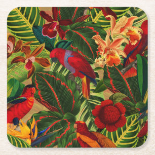 Antique Tropical Parrots Jungle Mönster Underlägg Papper Kvadrat