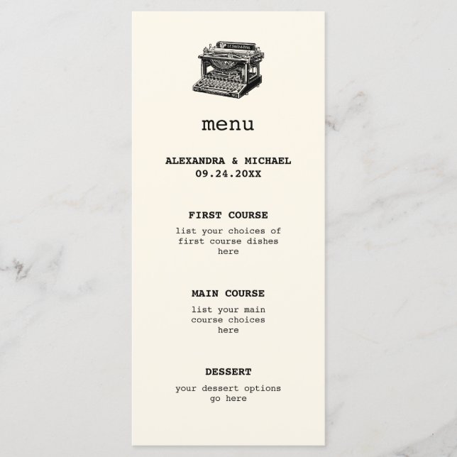 Antique Typewriter Bröllop Menu Meny (Framsida)