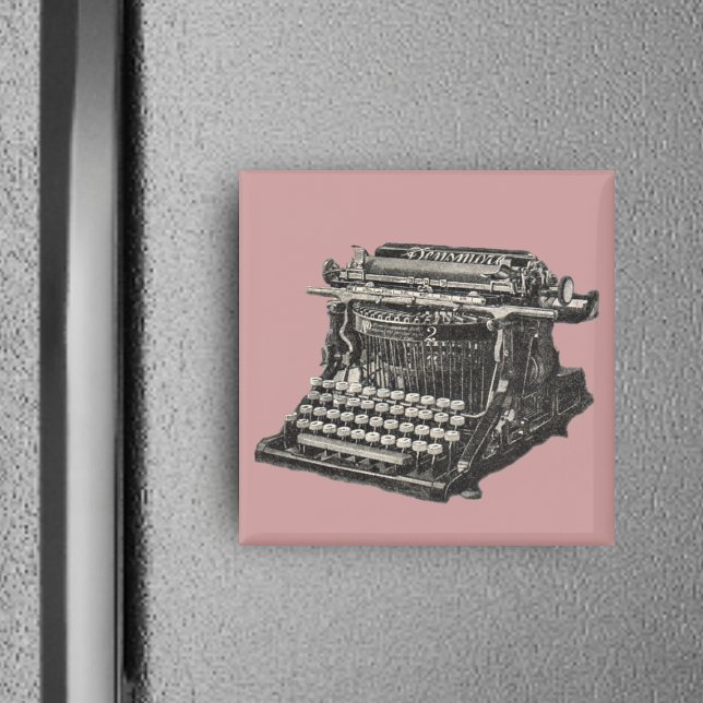Antique Typewriter Magnet (Black white illustration vintage manual typewriter on dusty pink square magnet.)