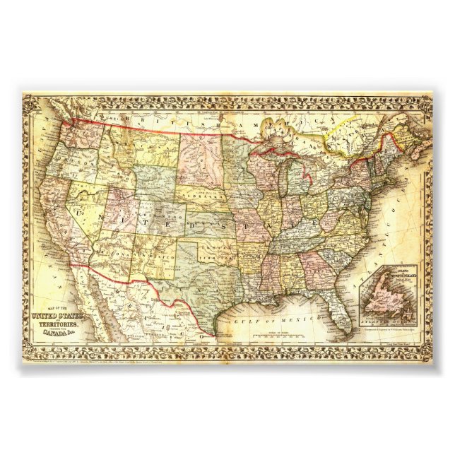 Antique United States Vintage Map Illustration Fototryck (Framsidan)