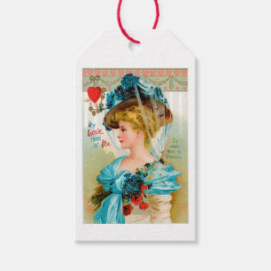 Antique Valentine Blue Blommigt Dam Presentetikett